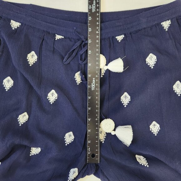 Sundance Giselle Wide Leg Crop Pant L Navy Blue Embroidered Pull On Tassel Boho - Picture 7 of 10
